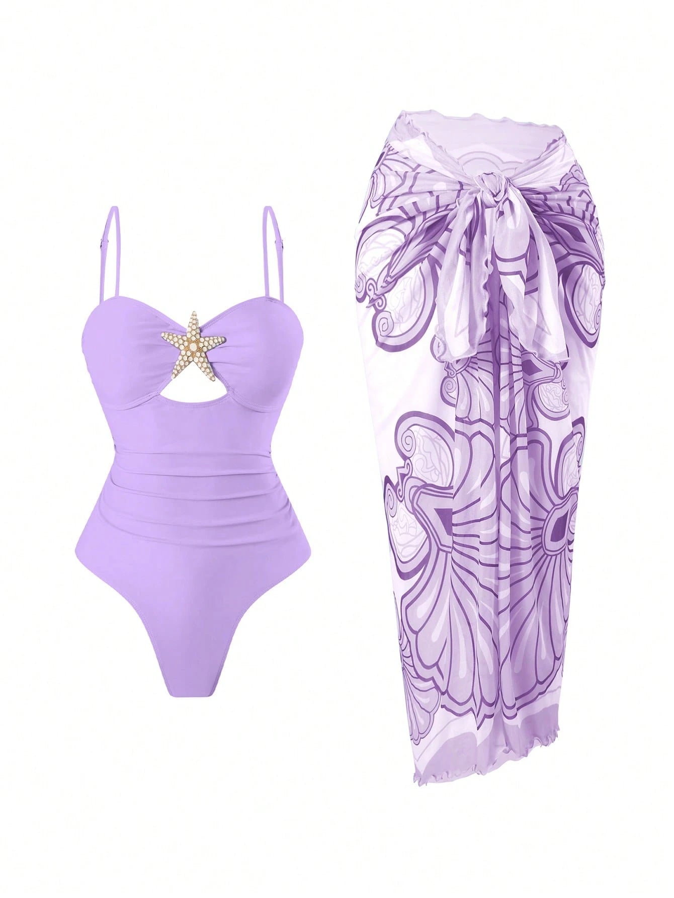 SHEIN Swim Oasis Women's Summer Beach Vacation Hollow-Out Starfish Decor Ruched Tummy Control One-Piece Swimsuit 