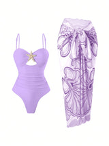 SHEIN Swim Oasis Women's Summer Beach Vacation Hollow-Out Starfish Decor Ruched Tummy Control One-Piece Swimsuit 