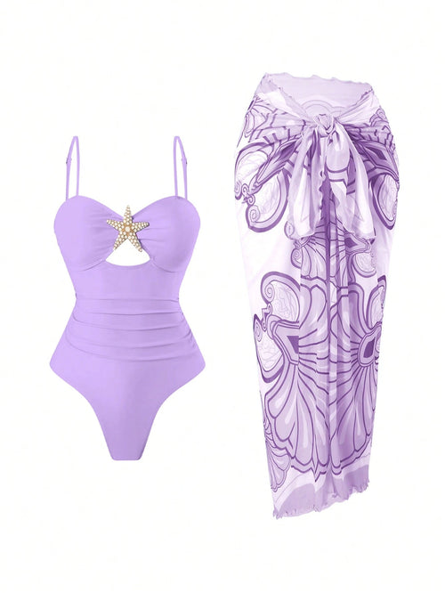 SHEIN Swim Oasis Women's Summer Beach Vacation Hollow-Out Starfish Decor Ruched Tummy Control One-Piece Swimsuit 