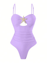 SHEIN Swim Oasis Women's Summer Beach Vacation Hollow-Out Starfish Decor Ruched Tummy Control One-Piece Swimsuit