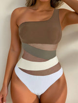 SHEIN Swim Solid Color One-Shoulder Mesh Splicing Swimsuit, Elegant Slimming Resort Swimwear