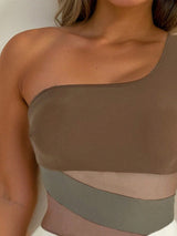 SHEIN Swim Solid Color One-Shoulder Mesh Splicing Swimsuit, Elegant Slimming Resort Swimwear