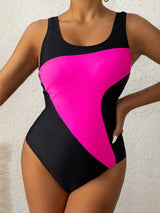 SHEIN Swim Women's One-Piece Color Block Swimsuit With Round Neckline