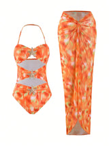 SHEIN Swim Women's Summer Ombre Starfish Print One-Piece Swimsuit With Beach Skir
