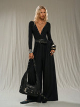 SHEIN TRNVIE Casual Black Deep V-Neck Metal Decor Long Sleeve Jumpsuit