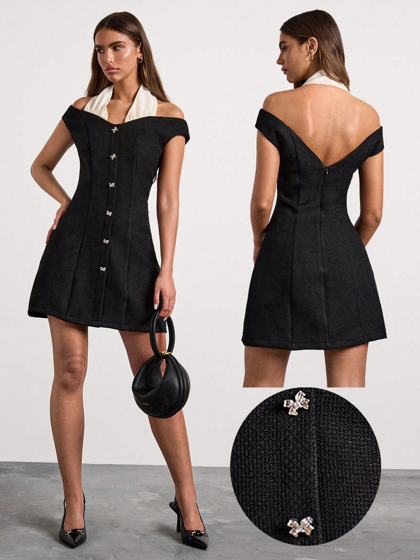 Black off-shoulder dress with detailed buttons, worn by a model on a plain background.