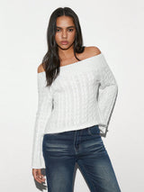 SHEIN Unity 1pc Women's White Off Shoulder Textured Knit Fitted Flare Sleeve Sweater