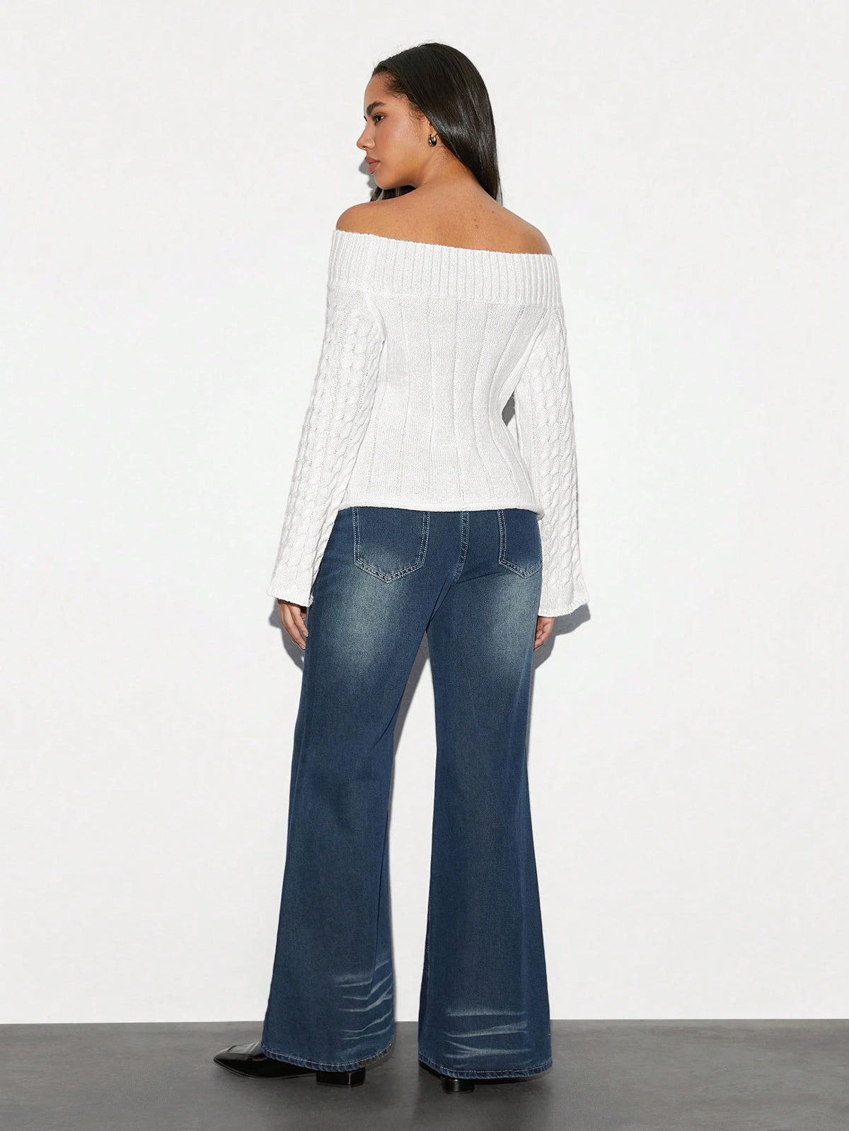 SHEIN Unity 1pc Women's White Off Shoulder Textured Knit Fitted Flare Sleeve Sweater