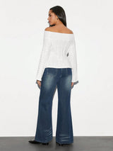 SHEIN Unity 1pc Women's White Off Shoulder Textured Knit Fitted Flare Sleeve Sweater