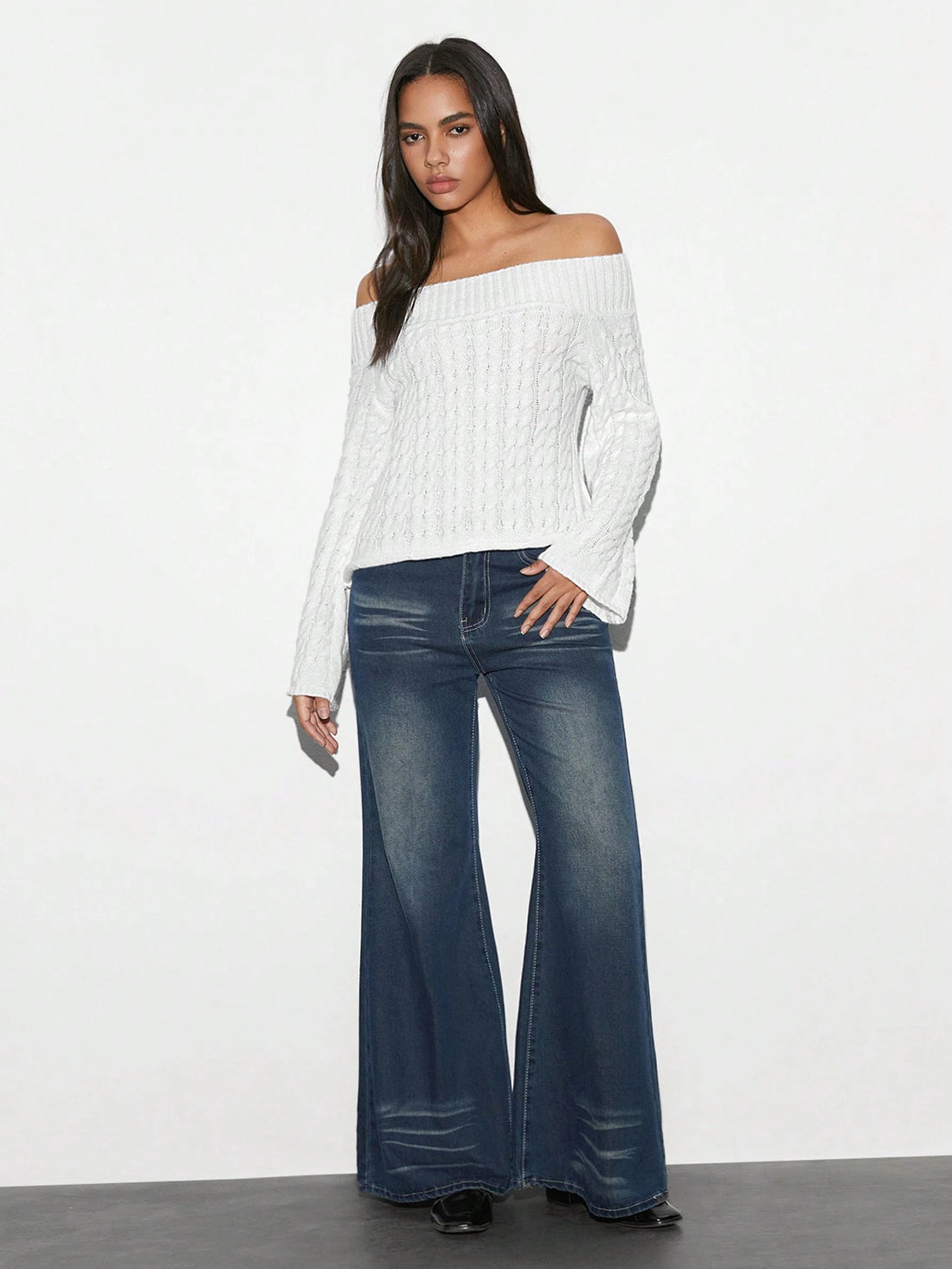 SHEIN Unity 1pc Women's White Off Shoulder Textured Knit Fitted Flare Sleeve Sweater - view 2