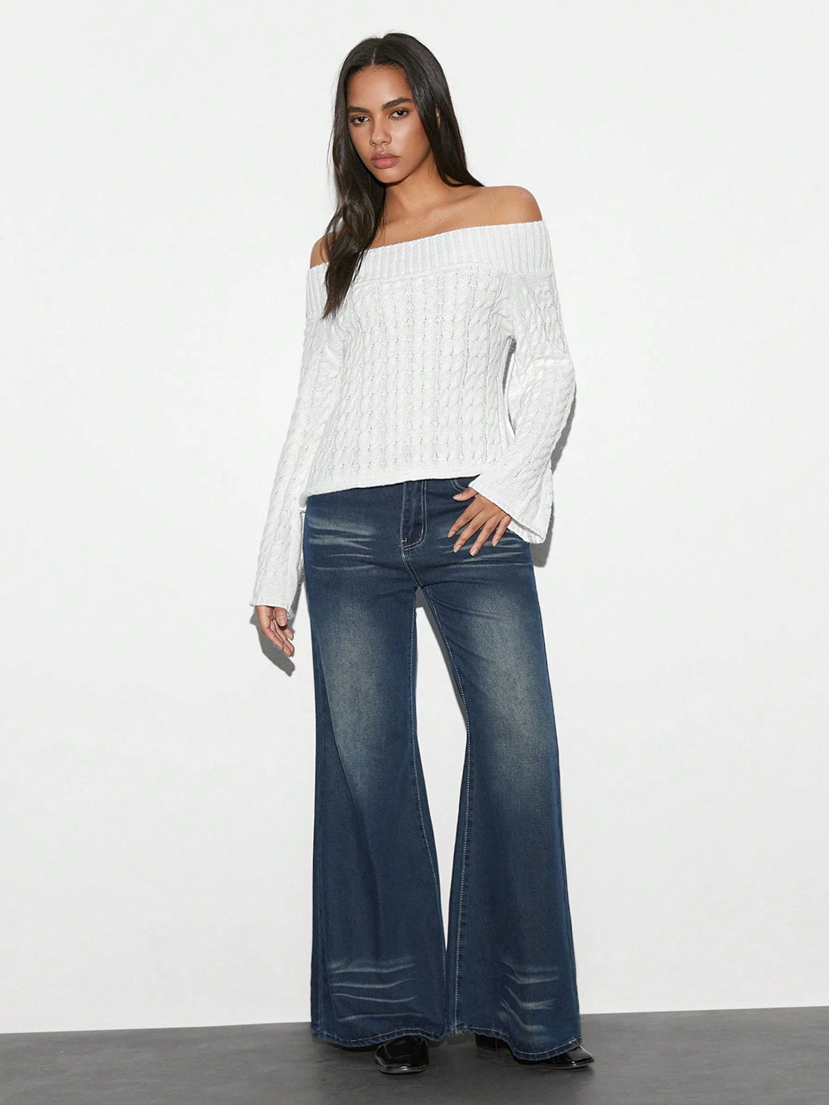 SHEIN Unity 1pc Women's White Off Shoulder Textured Knit Fitted Flare Sleeve Sweater