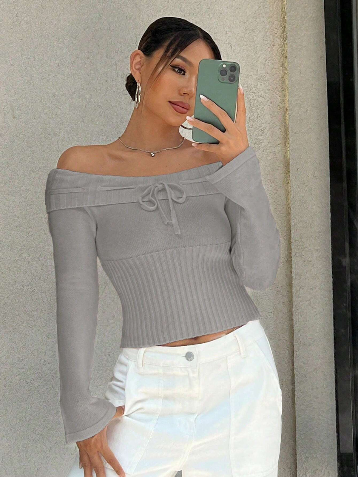 SHEIN Unity Ladies' Fashionable Off Shoulder Creative Tie Knitted Sweater, Fall Winter