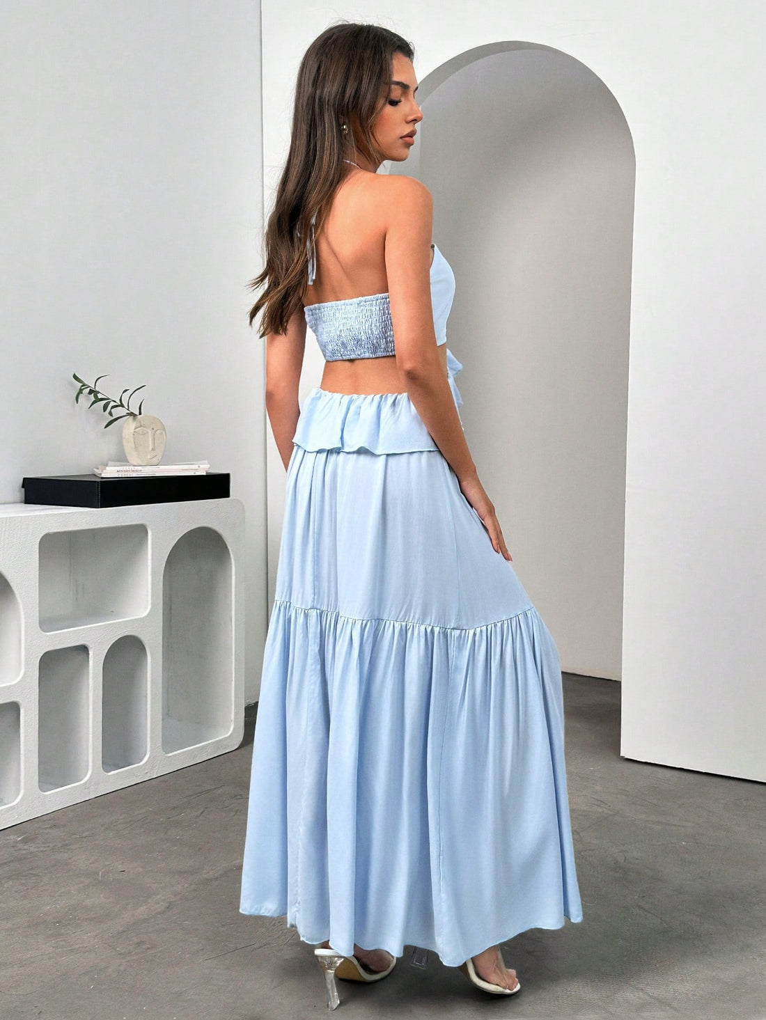 SHEIN Unity Light Blue Halter Neck Ruffle Hem Backless Dress - view 2