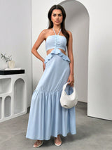 SHEIN Unity Light Blue Halter Neck Ruffle Hem Backless Dress - view 3