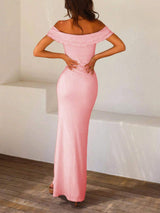 SHEIN Unity Summer Holiday Solid Color Twist-Knot Off Shoulder Floor-Length Dress