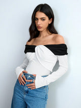 Unity Women's Elegant Off-The-Shoulder Contrast Color Long Sleeve T-Shirt BY SHEIN