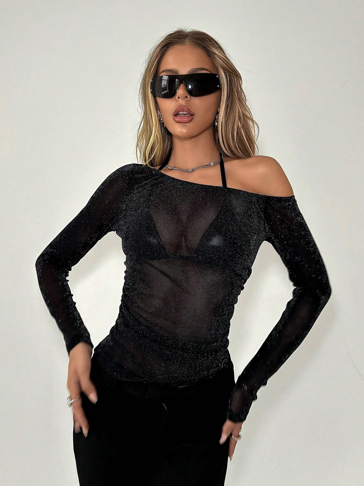 Unity Women's Sexy Asymmetrical Neck Ruched Slim Fit Glittery Blouse Fall Cloth For Women BY SHEIN 