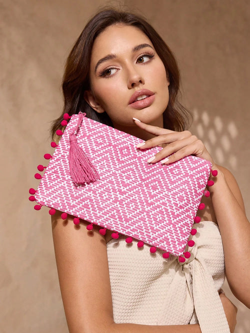 SHEIN VCAY Women's Versatile Bohemian Casual Vacation Beach Diamond Pattern Fuchsia Tassel Pompom Clutch Bag