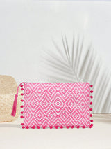 SHEIN VCAY Women's Versatile Bohemian Casual Vacation Beach Diamond Pattern Fuchsia Tassel Pompom Clutch Bag