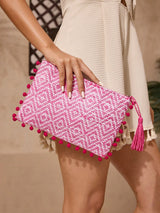 SHEIN VCAY Women's Versatile Bohemian Casual Vacation Beach Diamond Pattern Fuchsia Tassel Pompom Clutch Bag
