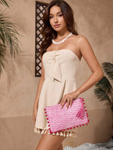 SHEIN VCAY Women's Versatile Bohemian Casual Vacation Beach Diamond Pattern Fuchsia Tassel Pompom Clutch Bag