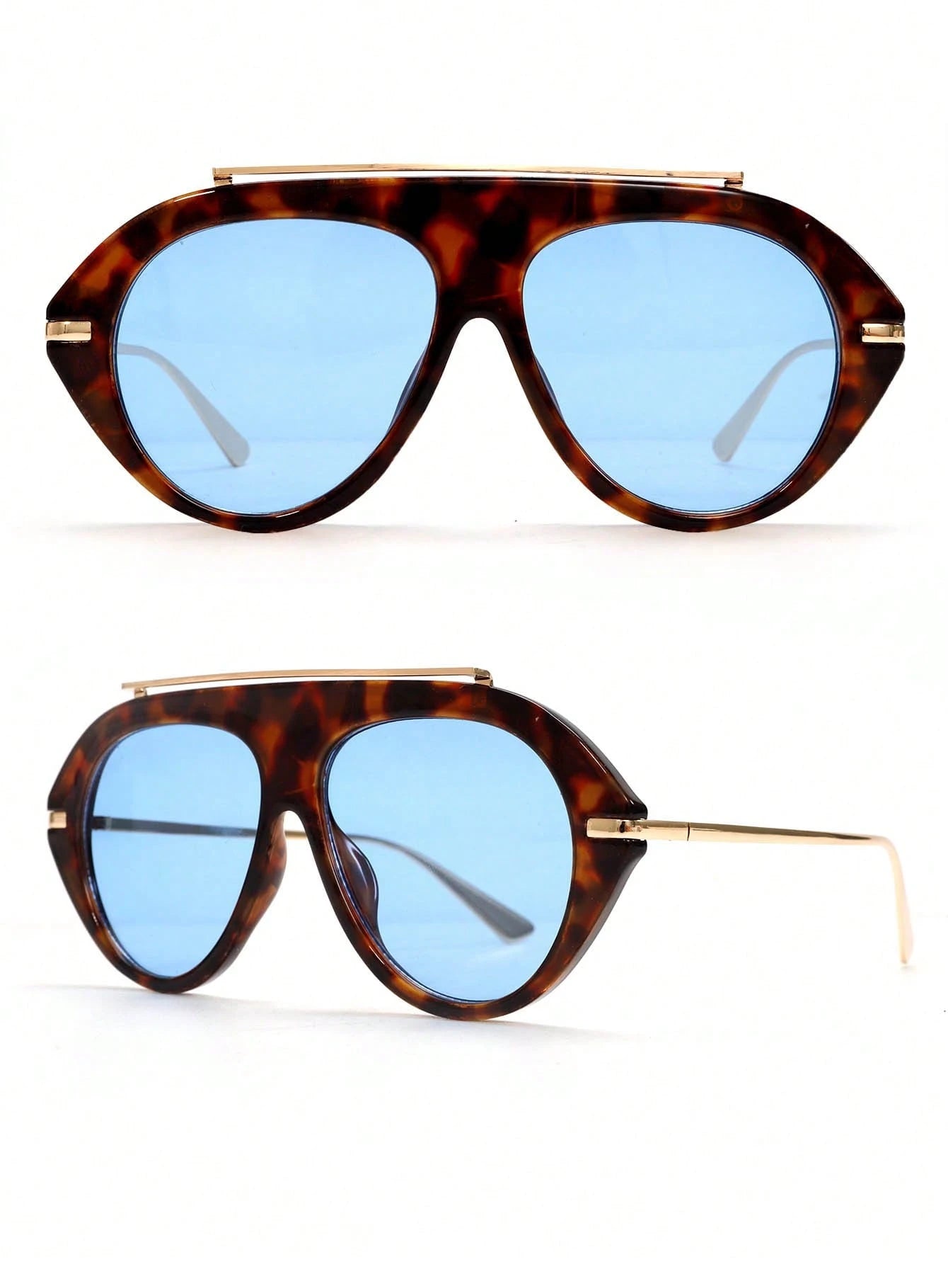 Tortoiseshell sunglasses with blue lenses on a white background