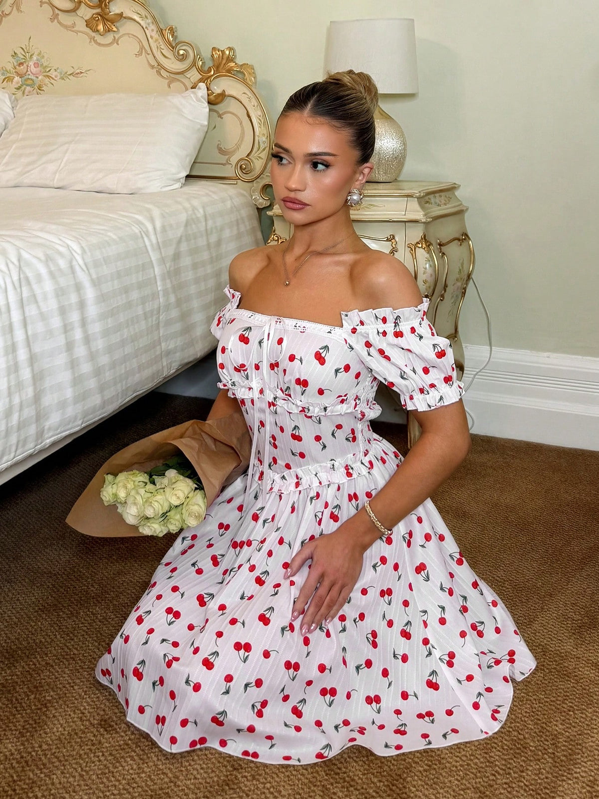 SHEIN White Cherry-Print Off-Shoulder Puff Sleeve Mini Dress