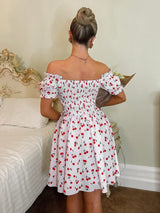 SHEIN White Cherry-Print Off-Shoulder Puff Sleeve Mini Dress