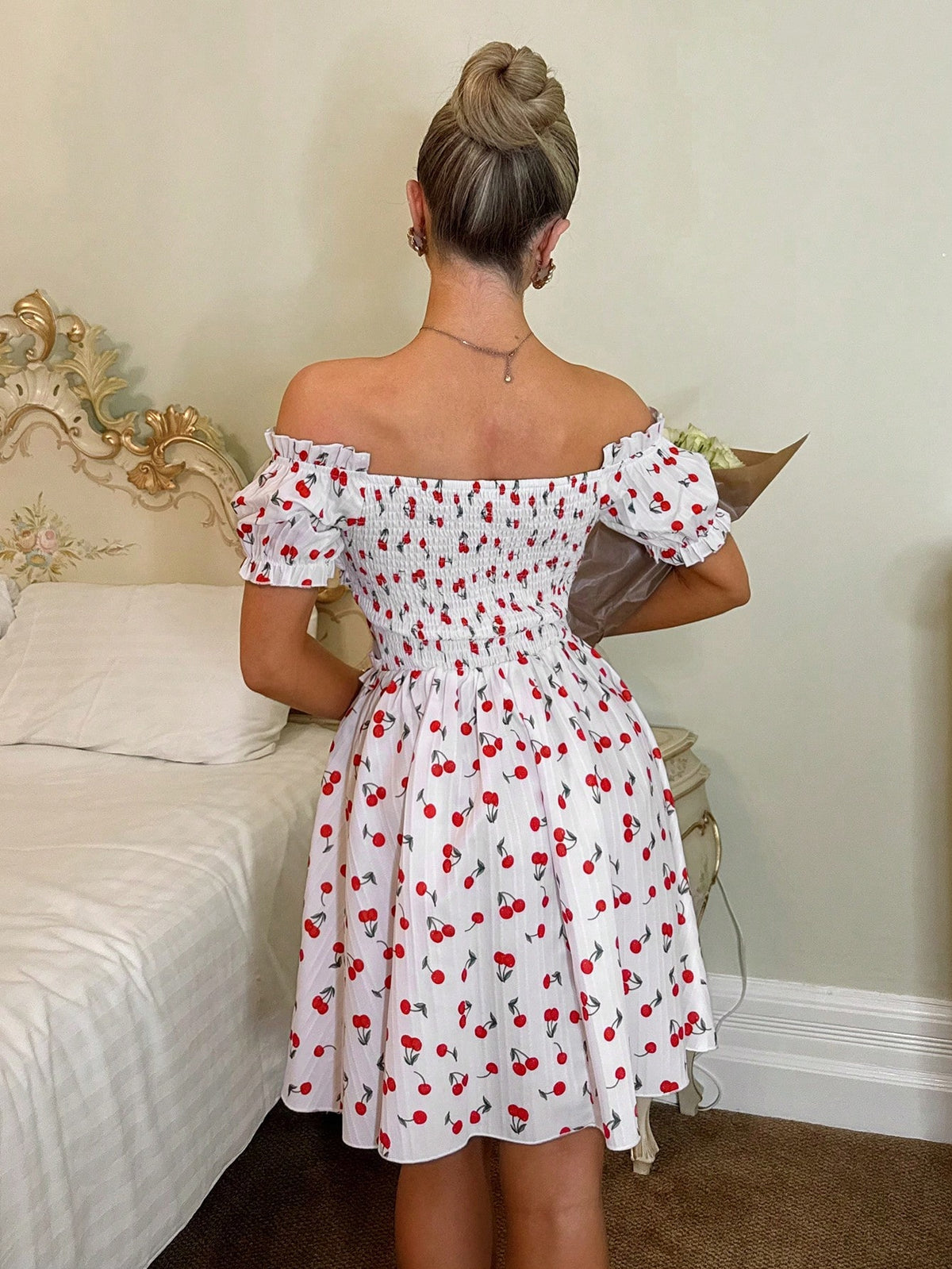 SHEIN White Cherry-Print Off-Shoulder Puff Sleeve Mini Dress