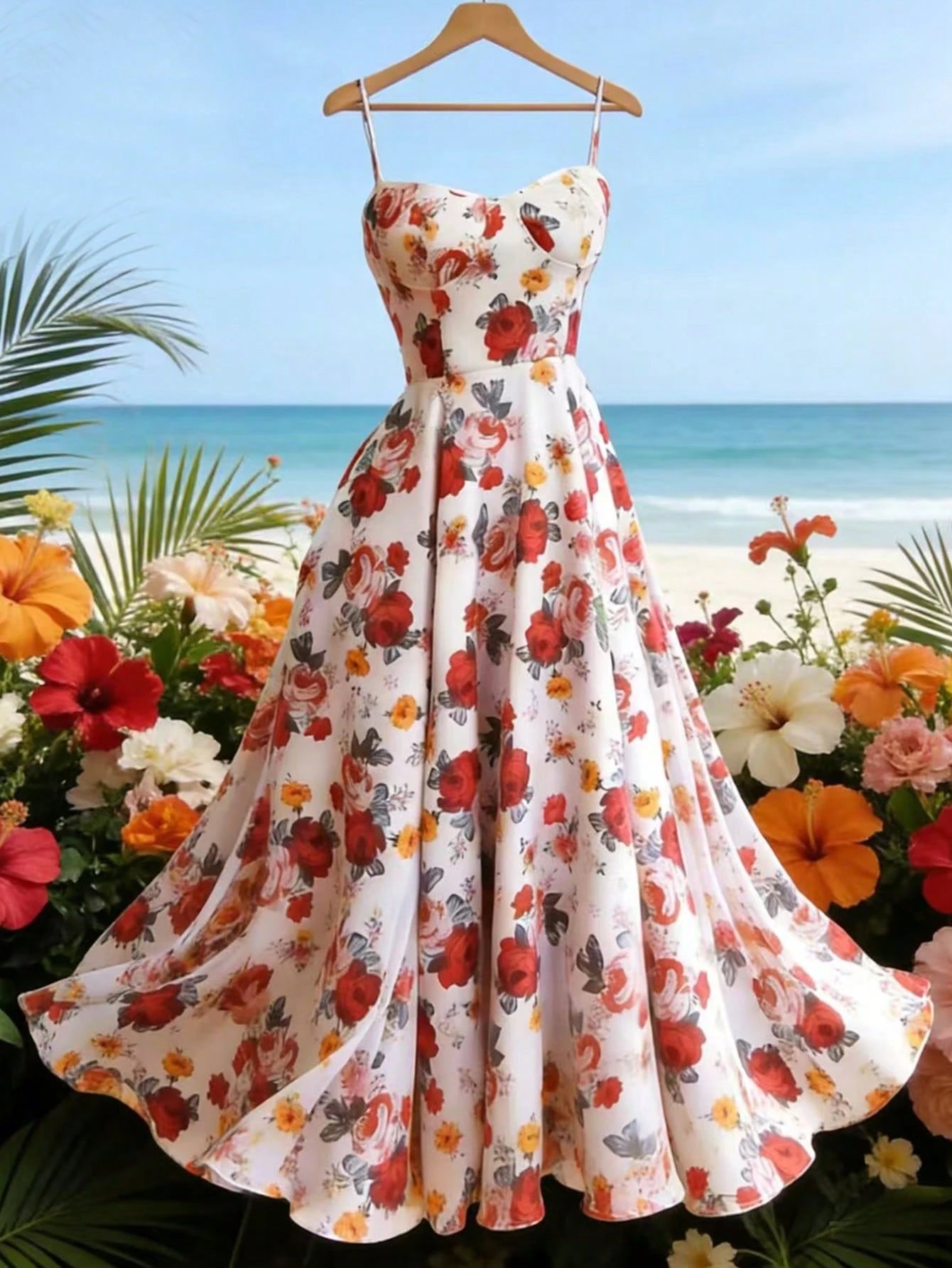 Floral dress on a hanger with a beach and flowers in the background