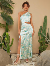 SHEIN X KAREN BARRERA Travachic Women's Oblique-Shoulder Cutout Waist Random Printed Dress