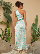 SHEIN X KAREN BARRERA Travachic Women's Oblique-Shoulder Cutout Waist Random Printed Dress