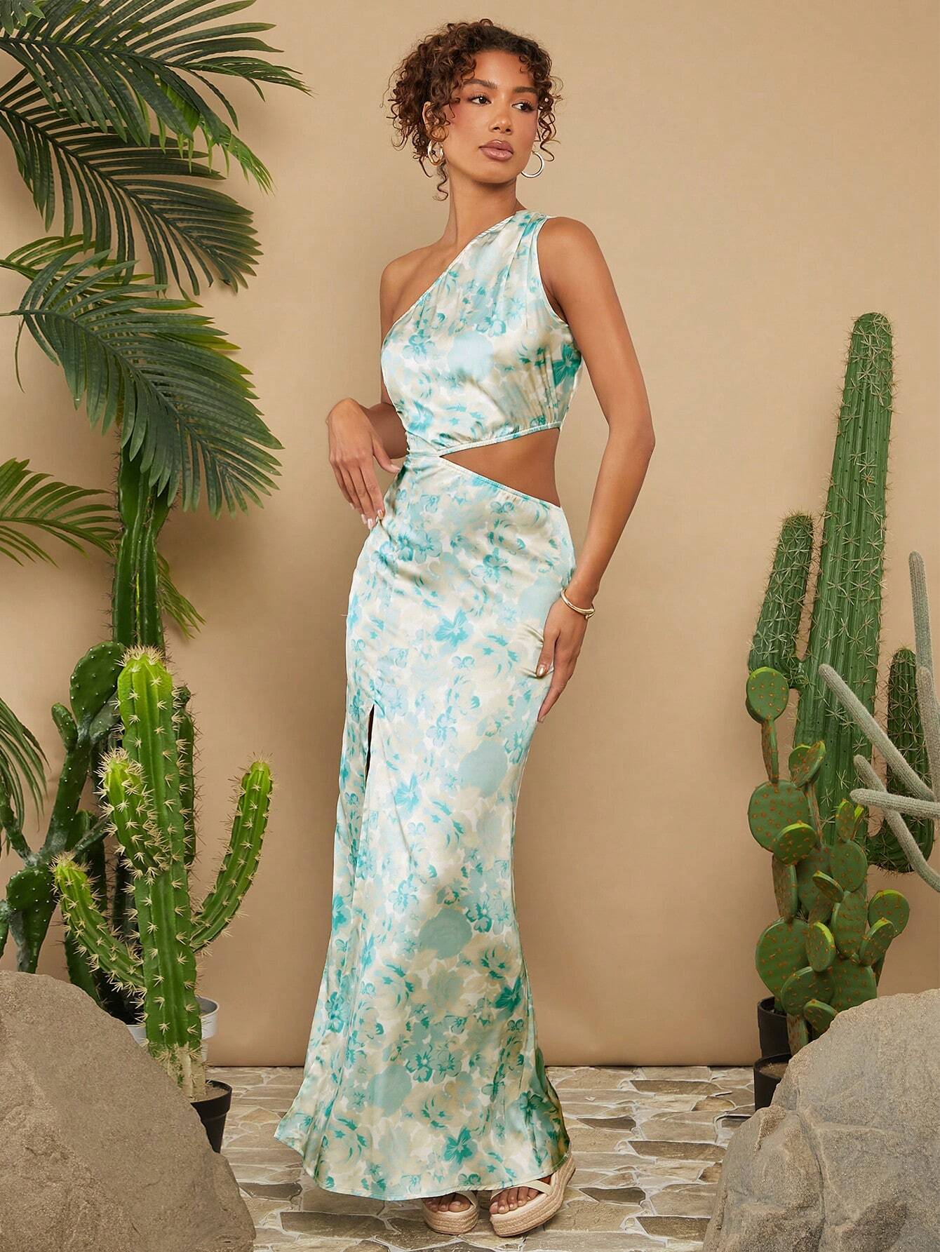 SHEIN X KAREN BARRERA Travachic Women's Oblique-Shoulder Cutout Waist Random Printed Dress