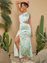 SHEIN X KAREN BARRERA Travachic Women's Oblique-Shoulder Cutout Waist Random Printed Dress