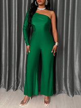SHEIN SOLERSUN Elegant Pleated Long Sleeve With Asymmetric Neckline One Shoulder Wide Leg Jumpsuit