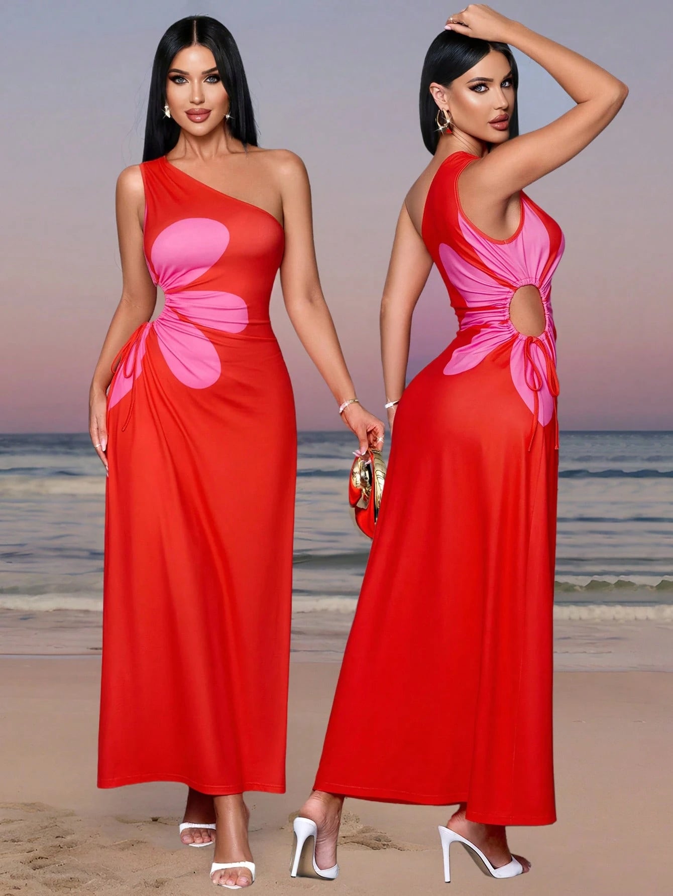 SHEIN SOLERSUN Spring And Summer New Elegant Commuting Casual Oblique Shoulder Short Sleeve Waist Artsy Print Hollow Flower Pattern Vacation Dress For Women