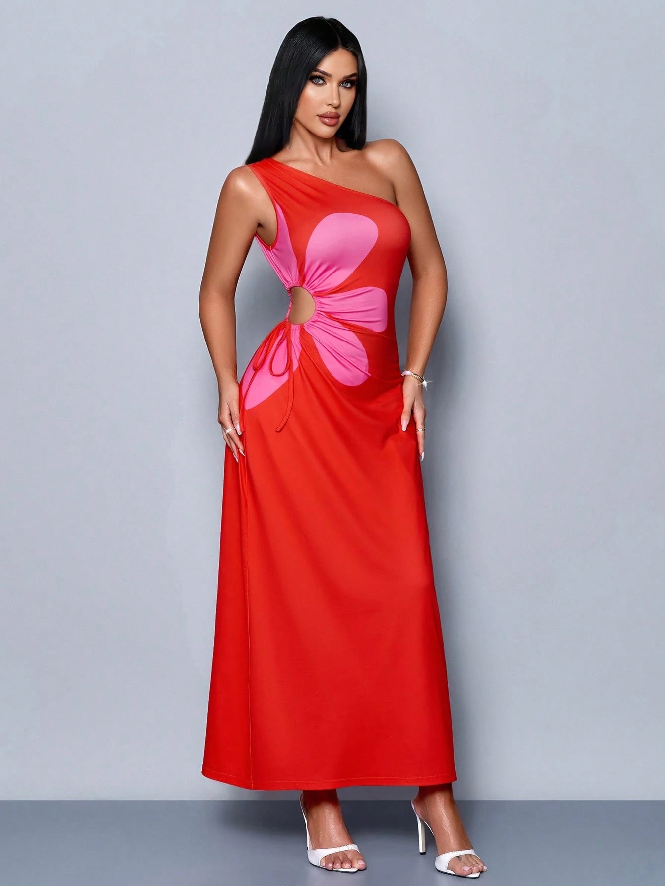 SHEIN SOLERSUN Spring And Summer New Elegant Commuting Casual Oblique Shoulder Short Sleeve Waist Artsy Print Hollow Flower Pattern Vacation Dress For Women