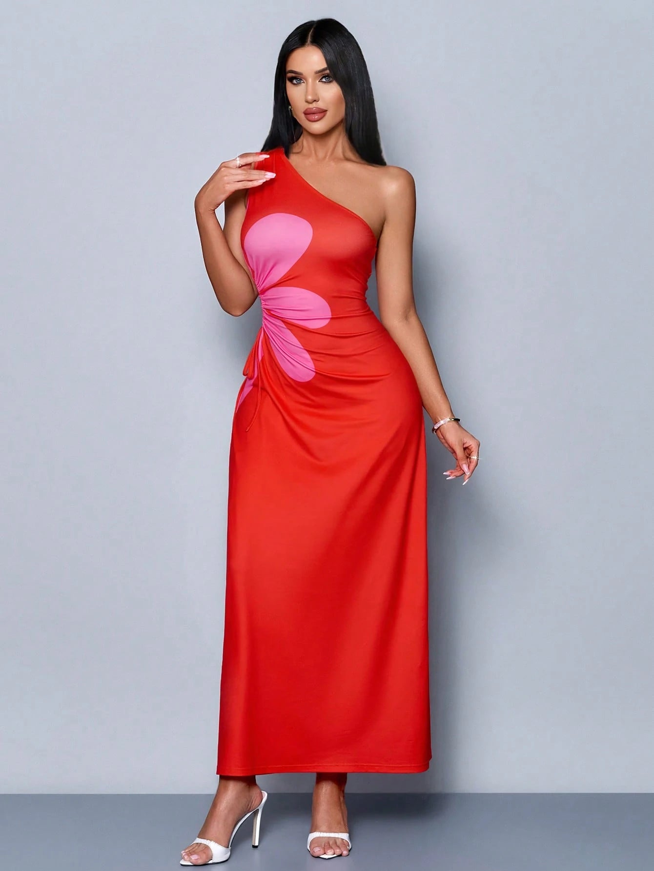 SHEIN SOLERSUN Spring And Summer New Elegant Commuting Casual Oblique Shoulder Short Sleeve Waist Artsy Print Hollow Flower Pattern Vacation Dress For Women