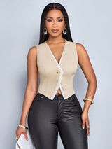 SHEIN SOLERSUN Women's Commuting Apricot White Contrast Two Tone Button Front Vest Blazer