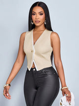 SHEIN SOLERSUN Women's Commuting Apricot White Contrast Two Tone Button Front Vest Blazer