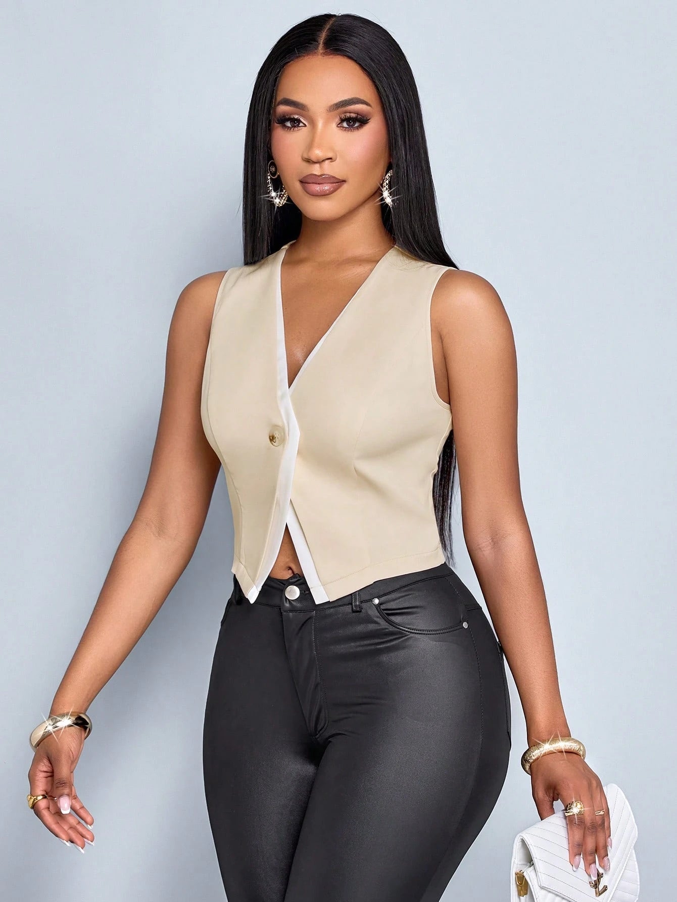 SHEIN SOLERSUN Women's Commuting Apricot White Contrast Two Tone Button Front Vest Blazer