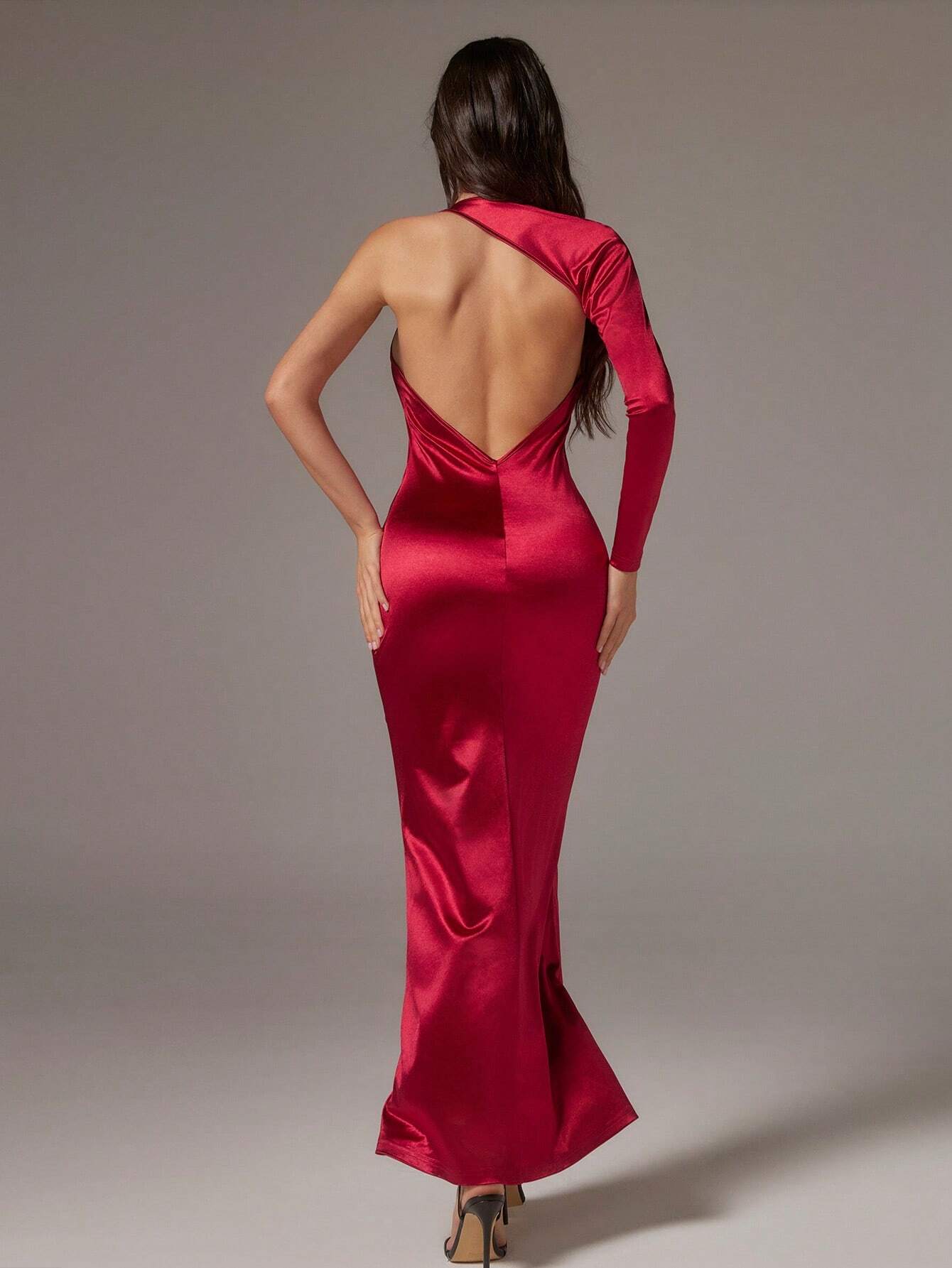 SHEIN SURIMA Women Elegant Sexy Solid Asymmetrical Neckline Backless Fishtail Dress, Autumn,Red Skirt Dress