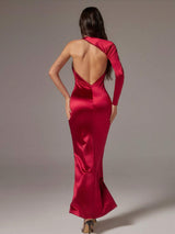 SHEIN SURIMA Women Elegant Sexy Solid Asymmetrical Neckline Backless Fishtail Dress, Autumn,Red Skirt Dress