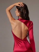 SHEIN SURIMA Women Elegant Sexy Solid Asymmetrical Neckline Backless Fishtail Dress, Autumn,Red Skirt Dress