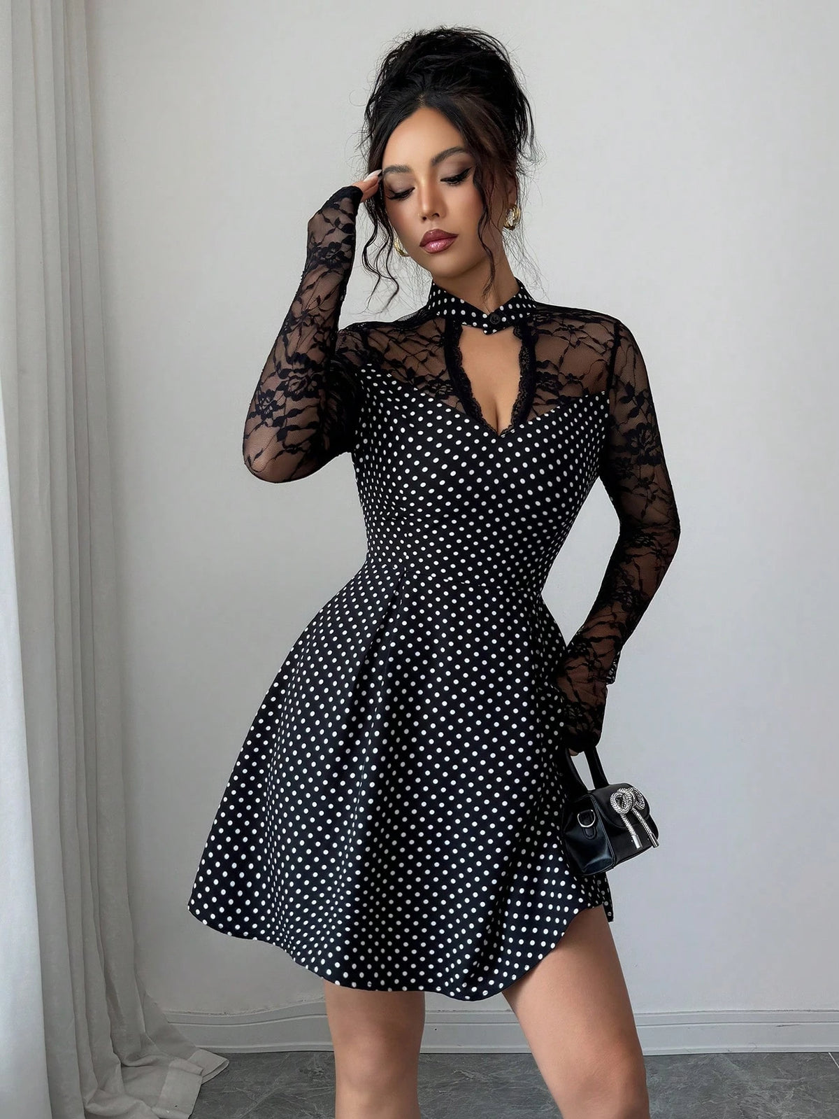 SHEIN Selianne Elegant 70s Retro 90s Vintage Vacation Collar Black And White Polka Dot Dress