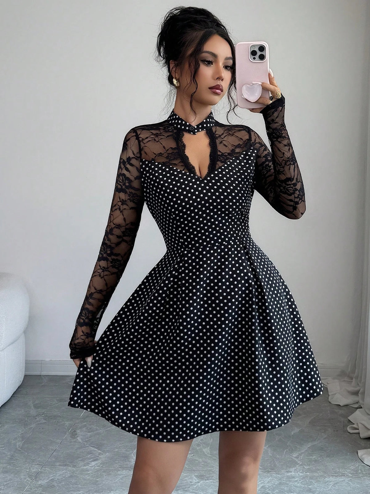 SHEIN Selianne Elegant 70s Retro 90s Vintage Vacation Collar Black And White Polka Dot Dress