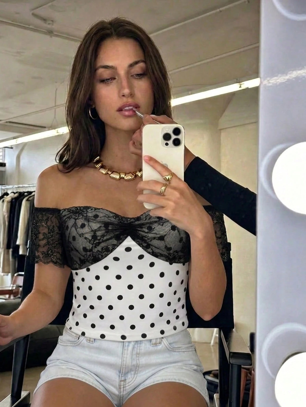 SHEIN Selianne Women's Spring/Summer Polka Dot Contrast Lace Off-Shoulder Cinched Waist Fitted Top