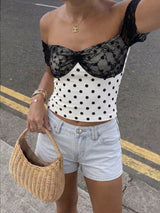 SHEIN Selianne Women's Spring/Summer Polka Dot Contrast Lace Off-Shoulder Cinched Waist Fitted Top