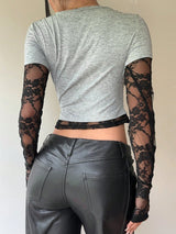 SHEIN Siren Gaze Women's Autumn Lace Patchwork 2 In 1 Layering T-Shirt Brunch Night Out - view 2