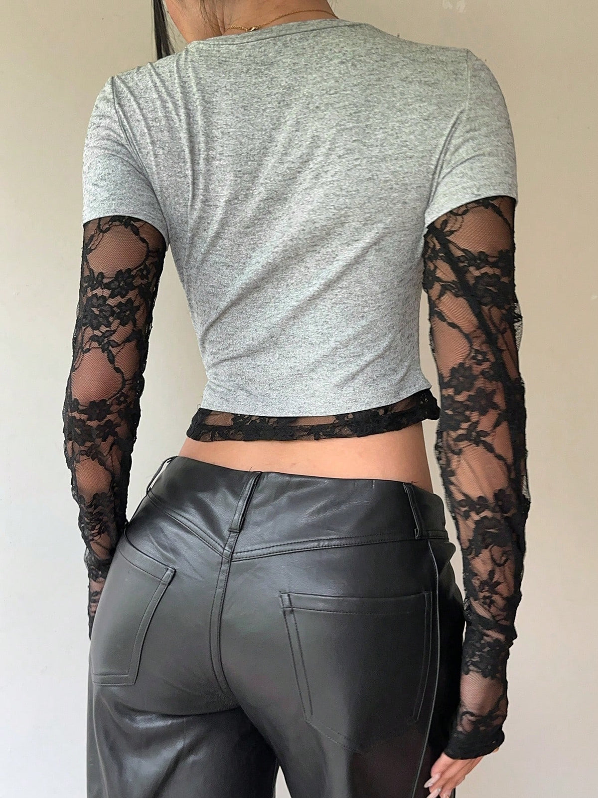 SHEIN Siren Gaze Women's Autumn Lace Patchwork 2 In 1 Layering T-Shirt Brunch Night Out - view 2